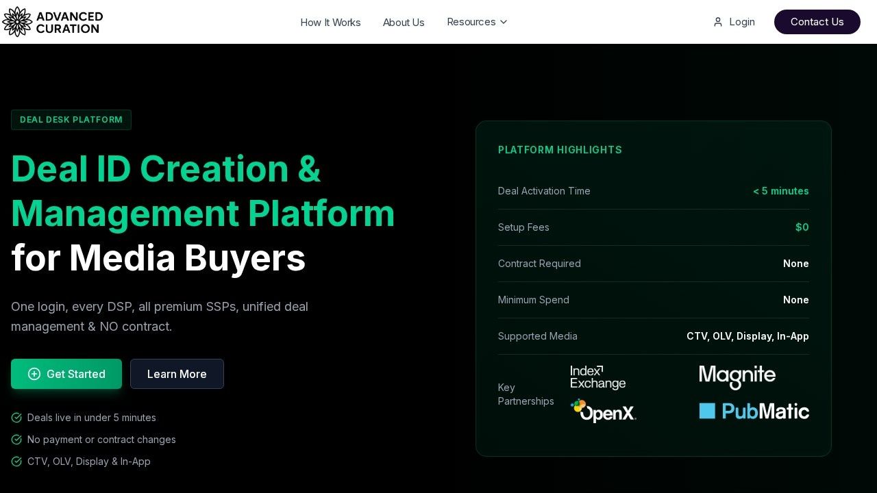 Advanced Curation self-serve deal ID platform homepage